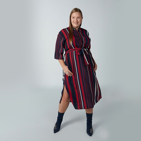 Romans Dresses & Skirts - Plus Size Striped Navy and Red Women's Shirt Dress Size 18-20